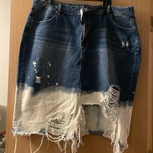 Ashley Stewart Two-Tone Distressed Denim Midi Skirt - Blue & White